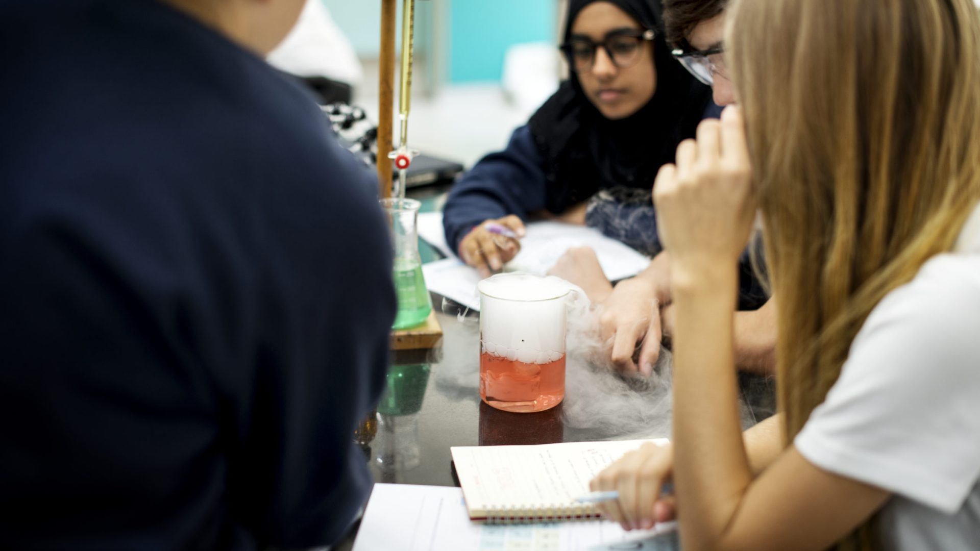 Group of students laboratory lab in science classroom